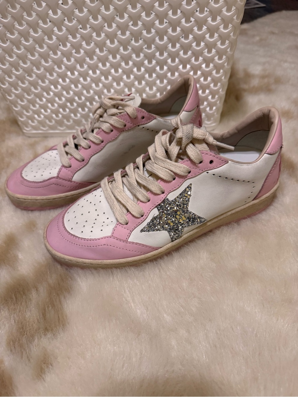 Golden Goose Women's Pink & White Star Accent Sneakers